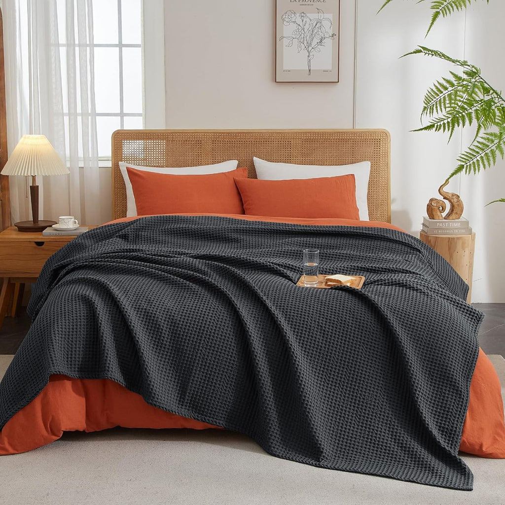 PHF Ultra Soft Waffle Weave Blanket King Size 104"x 90"- Washed Lightweight Breathablee Cozy Woven Blanket - Great for Couch Bed Sofa Home Car - Black