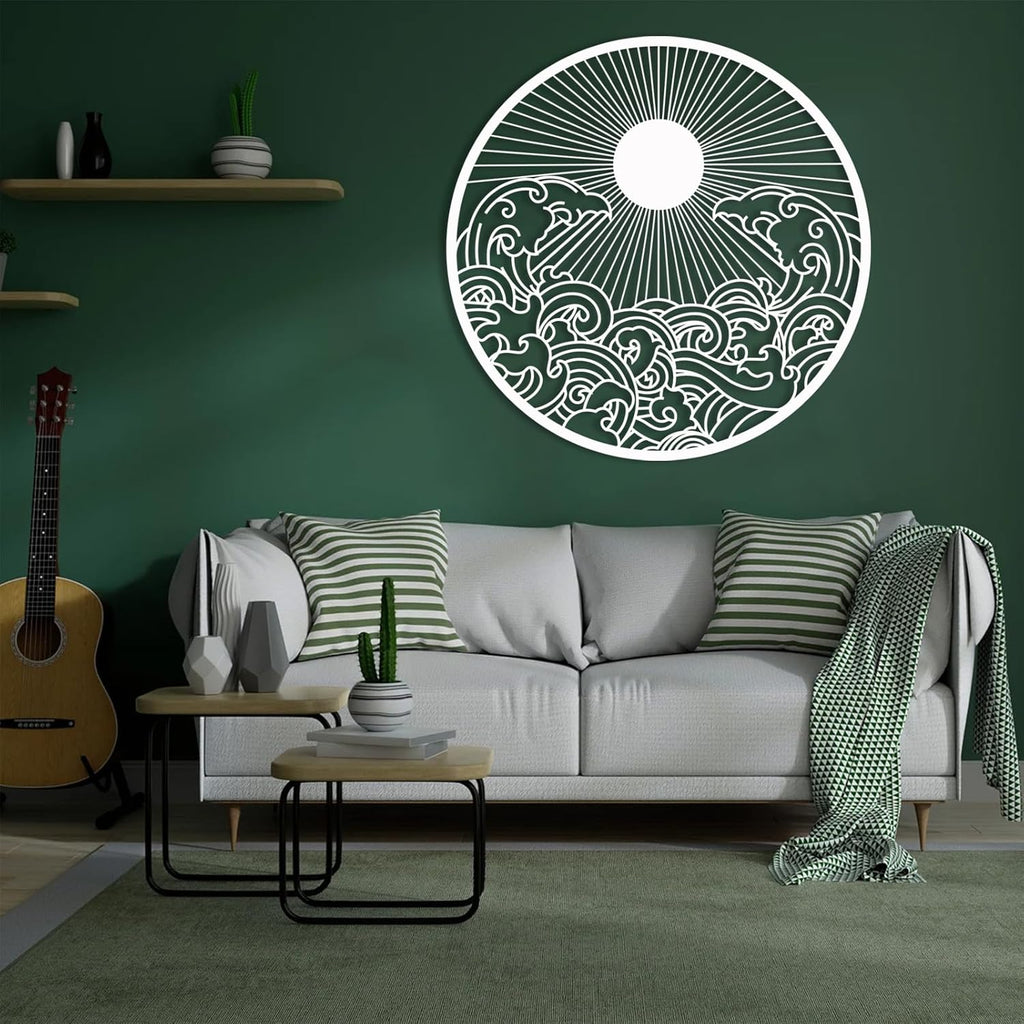 flyoak Metal Sun Wall Decor Outdoor, Sunrise Metal Wall Art, Metal Wave Wall Art, Sunrise and Wave Wall Decor, Sunburst Wall Art, Sunset Wall Art, Wall Hangings for Bedroom (White, 24x24in|60x60cm)