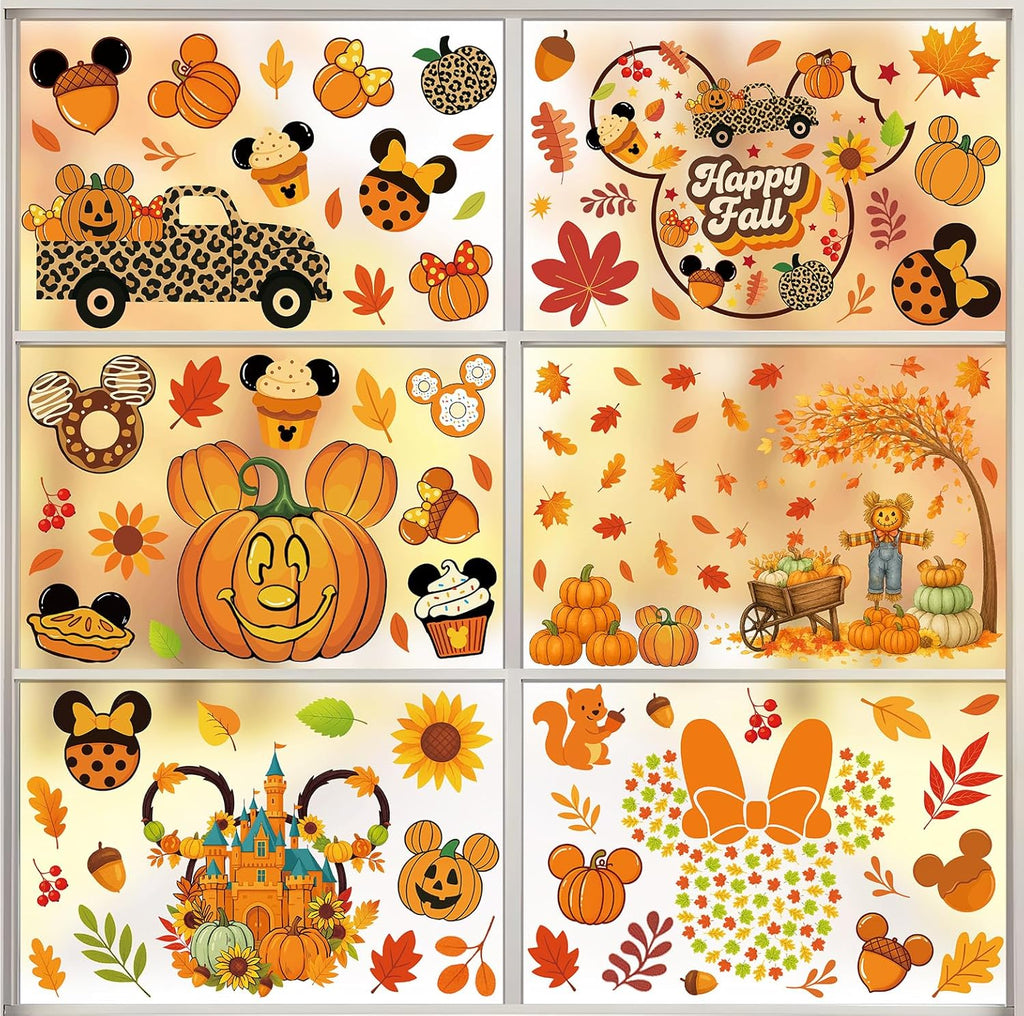 Fall Window Clings - 9 Sheets 149 Pcs Fall Decorations for Autumn Thanksgiving Harvest Home Party, Pumpkin Leaves Car Maple Castle Acorns Stickers for Glass, Double-Sided Static Window Decals