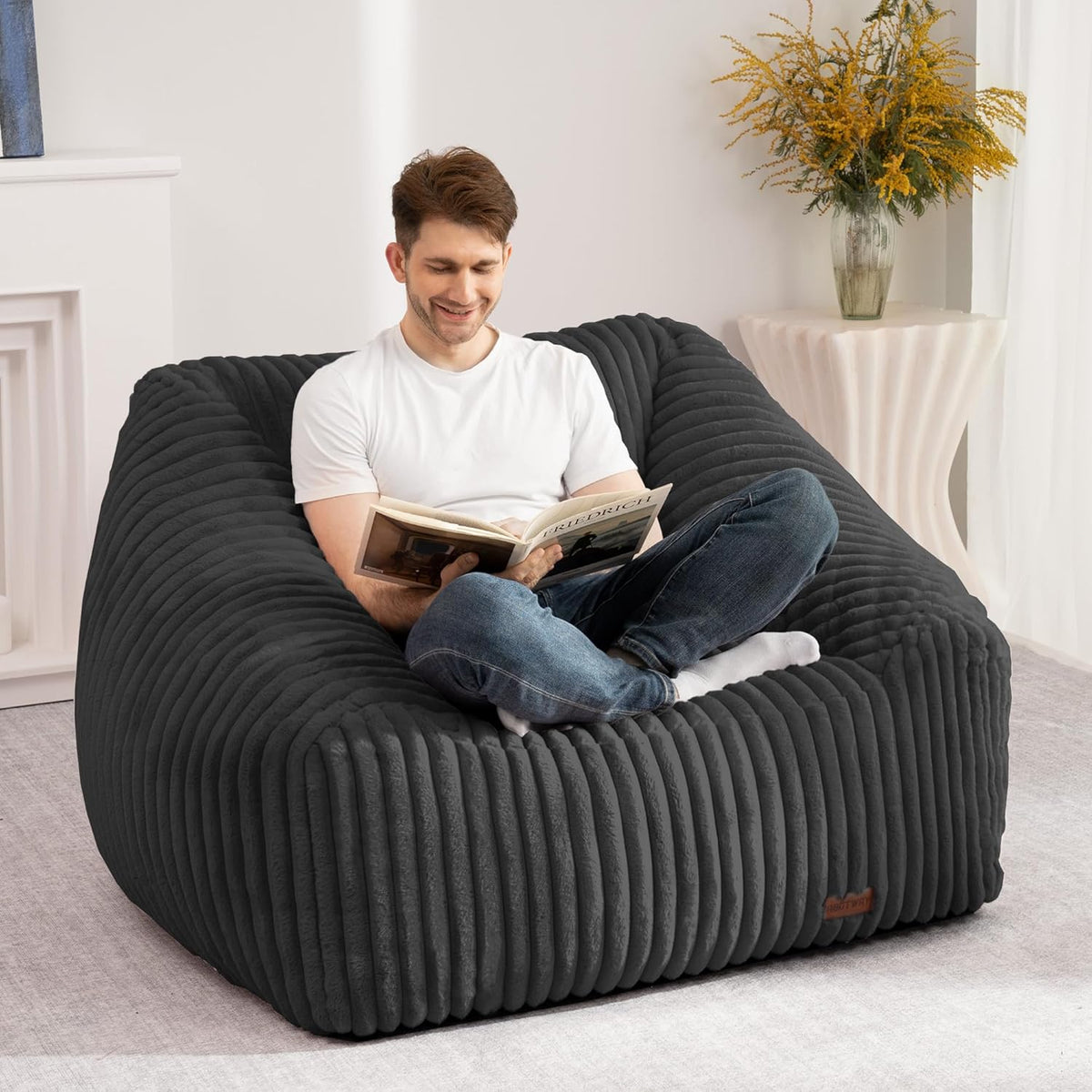 HABUTWAY Bean Bag Chair, Giant Bean Bag Chairs for Adults and Kids, Bean Bag Sofa, Lazy Floor Sofa, Faux Fur Beanbag Chair with Armrests for Living Room Bedroom (Black)