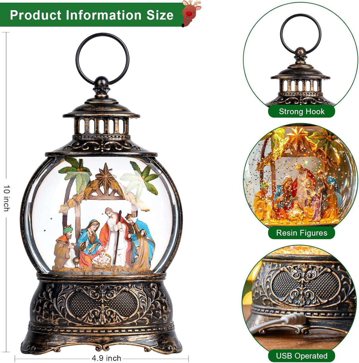 Christmas Snow Globes Lantern Christmas Snow Globe with Music Holy Family Nativity Scene,6H Timer,USB Lined/Battery Operated Lighted Lantern for Christmas Festival Decoration Gifts