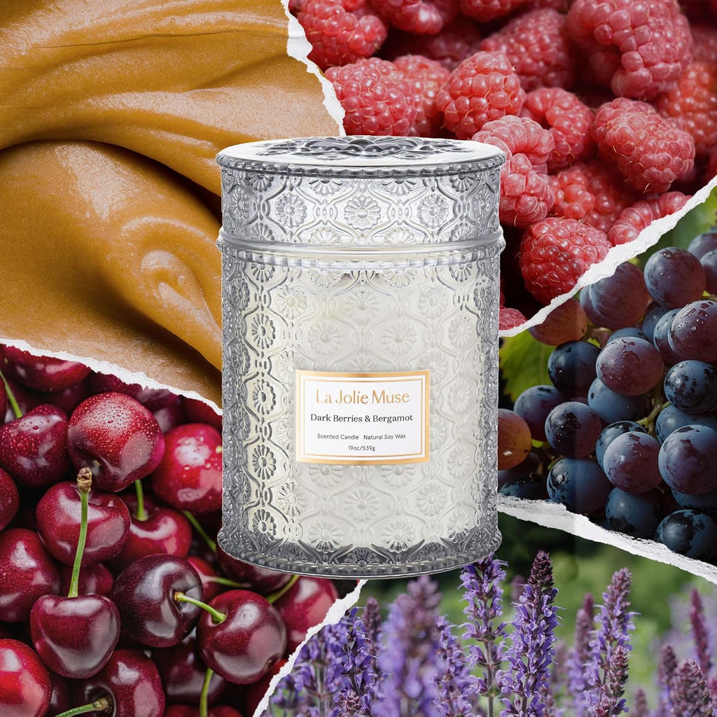 LA JOLIE MUSE Dark Berries & Bergamot Candle - Berries, Grape, Caramel | 19 oz Large Wooden Wick Candle | Natural Soy Wax | 90 Hours Clean Burn | Gift-Ready for Hosts & Gatherings | Elegant Home Décor
