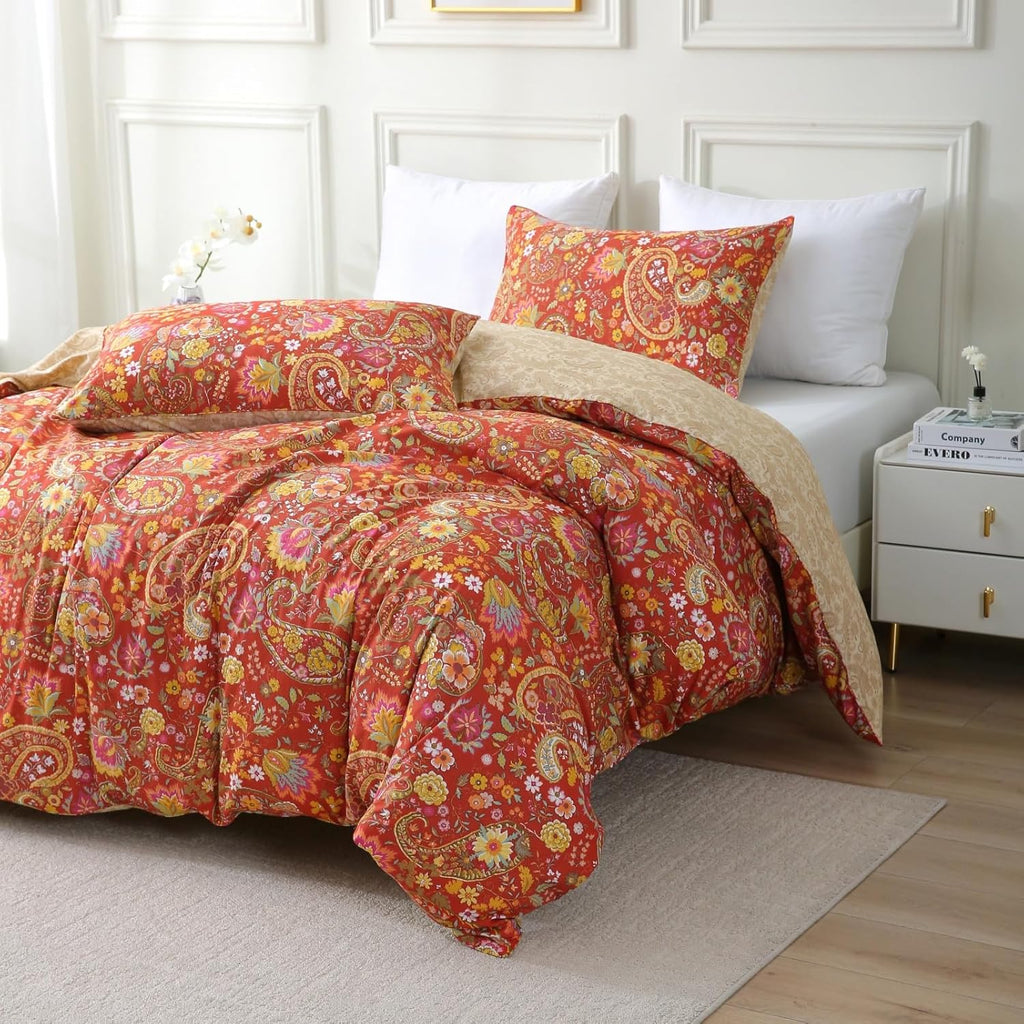 ABREEZE Paisley Bedding Sets 3Pcs Brushed Cotton Duvet Cover Set King Size Rustic Damask Red Floral Comforter Cover with Zipper Closure Boho Bedding Collections