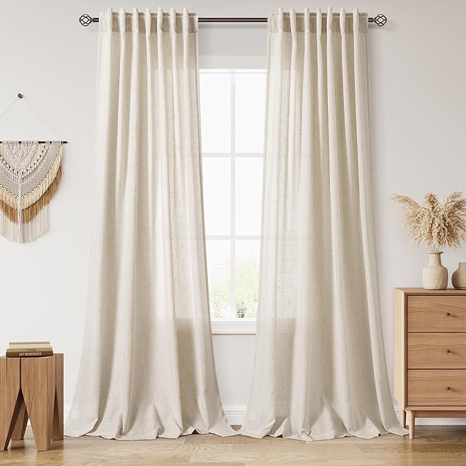 Boho Curtains 90 Inches Long for Living Room Linen Light Filtering Semi Sheer by Nanspring