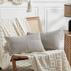 Fancy Homi 2 Packs Neutral Grey Lumbar Decorative Throw Pillow Covers 12x20 Inch for Living Room Couch Bed Sofa, Farmhouse Home Decor, Soft Striped Corduroy Rectangle Accent Cushion Case 30x50 cm