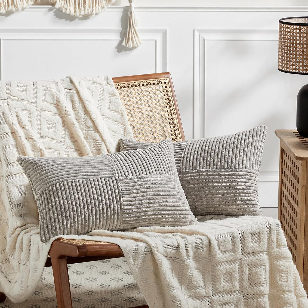 Fancy Homi 2 Packs Neutral Grey Lumbar Decorative Throw Pillow Covers 12x20 Inch for Living Room Couch Bed Sofa, Farmhouse Home Decor, Soft Striped Corduroy Rectangle Accent Cushion Case 30x50 cm