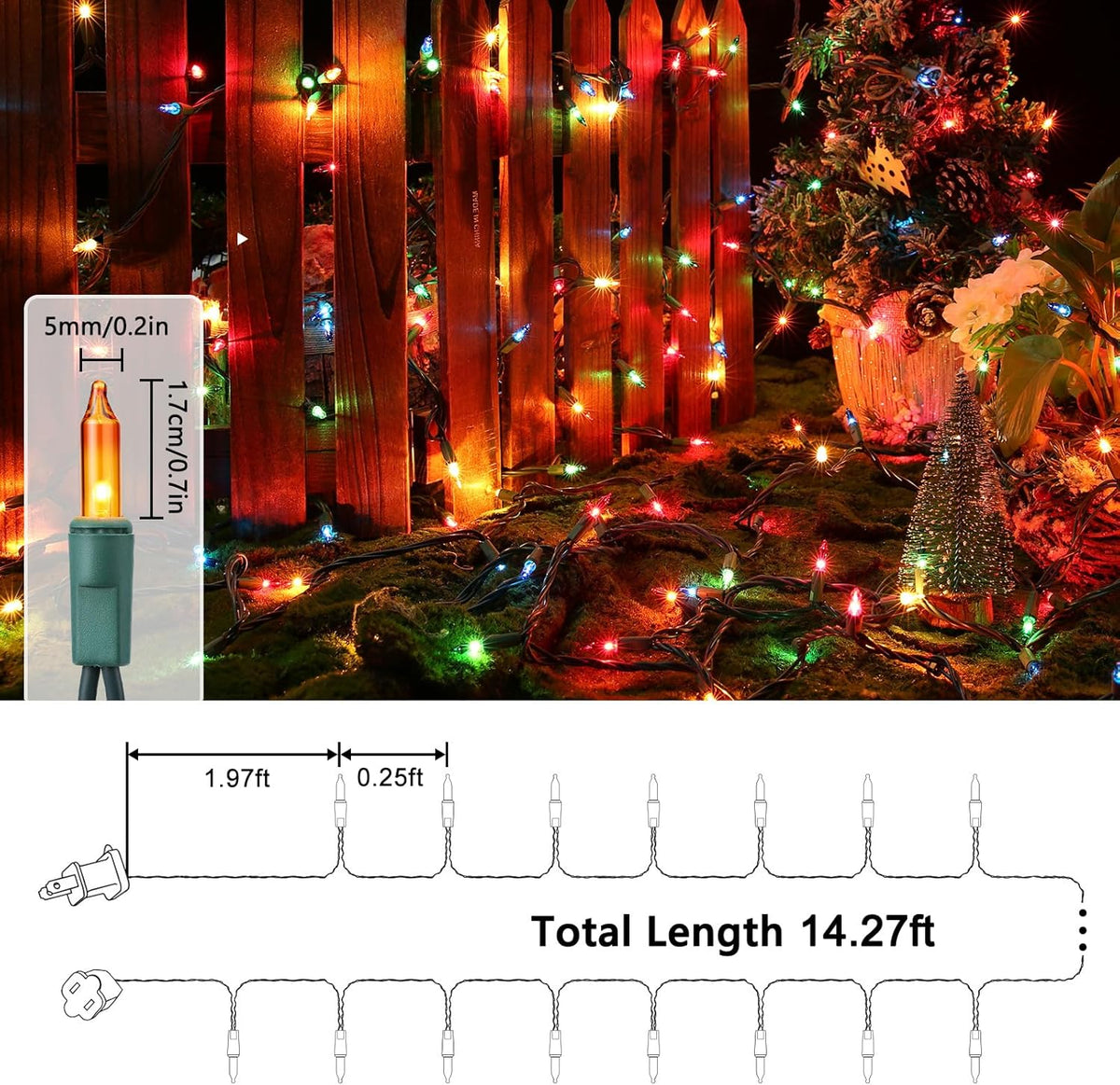 Toodour Multicolor Christmas Lights, 12.5ft 50 Count Incandescent Christmas String Lights, UL Certified Connectable Green Wire Xmas Lights for Tree, Holiday, Party, New Year, Indoor Xmas Decorations