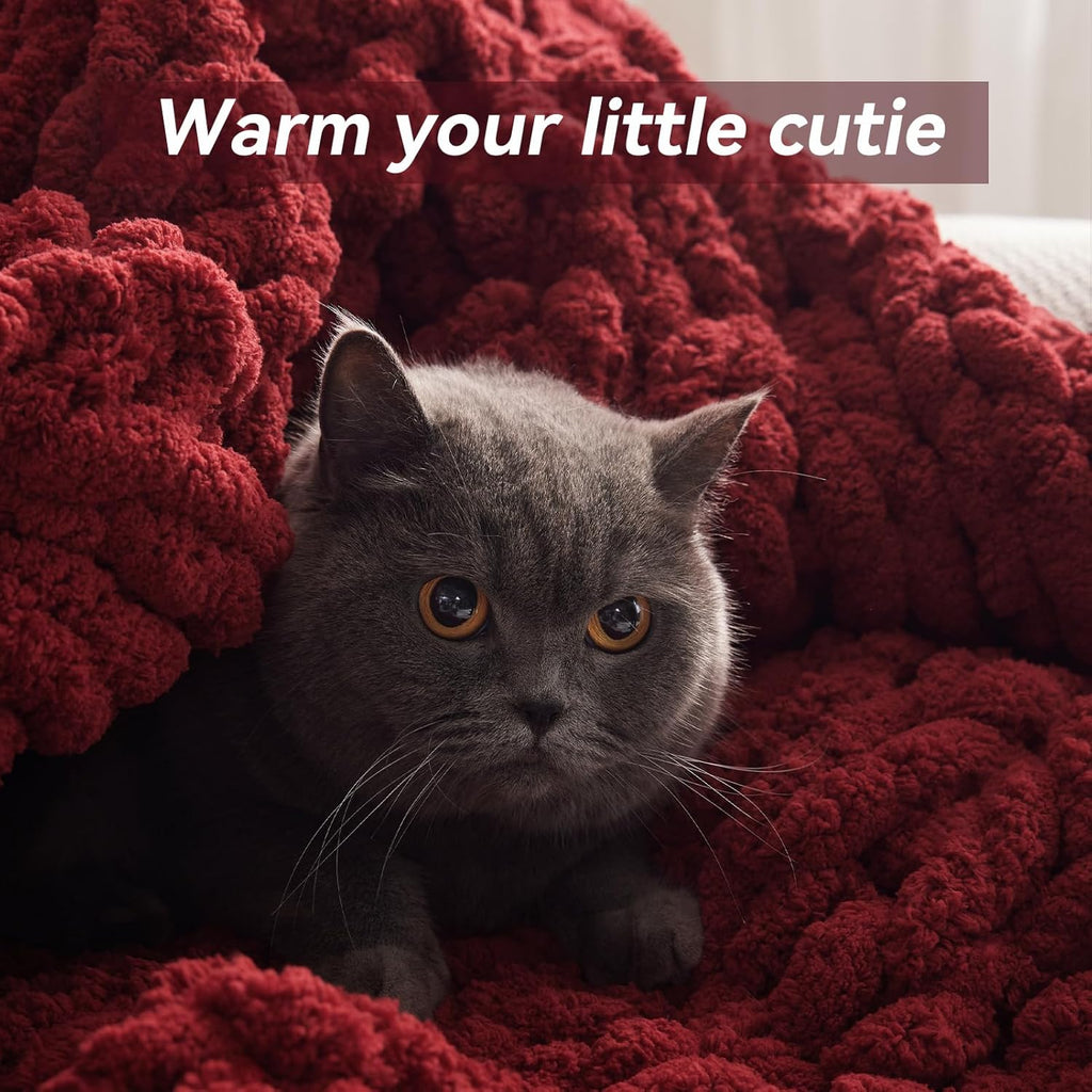 Chunky Knit Throw Blanket, 60''*80'' Knitted Throw Chenille Yarn for Bed Couch, Handmade Red Crochet Big Thick Blanket, Machine Washable Cute Comfy Blanket for Home Decor