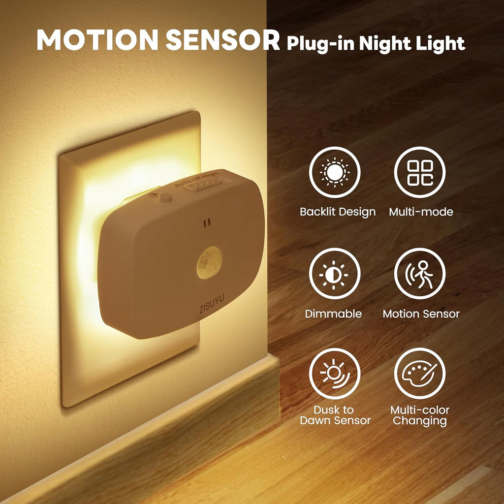 ZISUYU Plug-in LED Backlit Night Light with Motion Sensor & Dusk to Dawn Sensor, 10-60lm Dimmable Nightlight with Multi-Mode & Color-Changing, Ideal for Bedroom, Bathroom, Stairs, Hallway (6 Pack)