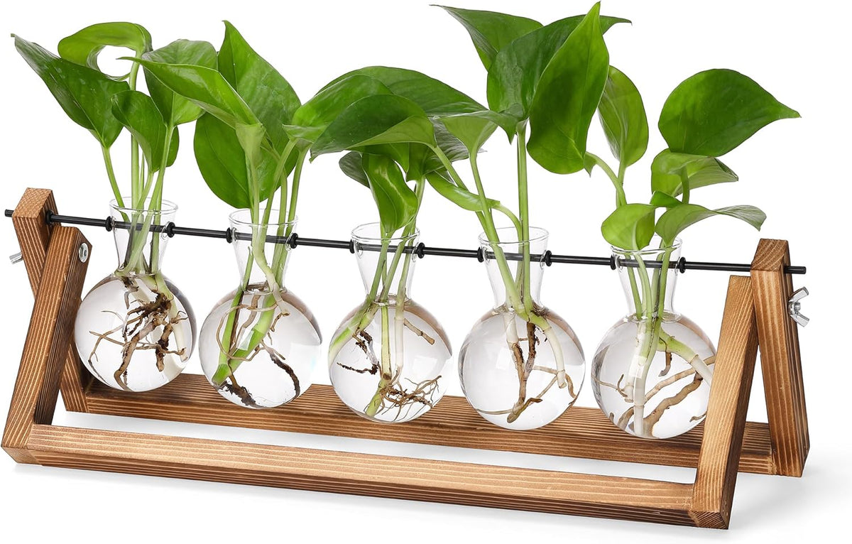 YIBOT Propagation Stations,Plant Terrarium with Wooden Stand,Plant Lover Gifts for Women for Hydroponics Plants Home Garden Wedding Decor(5 Bulb Vase)