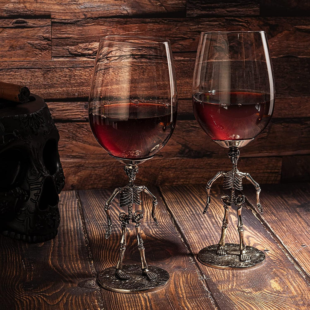 Stemmed Skeleton Wine Glass Set of 2 | 12oz Gothic Wine Goblets 10" Tall | Halloween Skeleton Decor Drinkware, Spooky Wine Glass Gift Set, Haunted Party Barware, Gothic Skeleton Gifts for Wine Lovers
