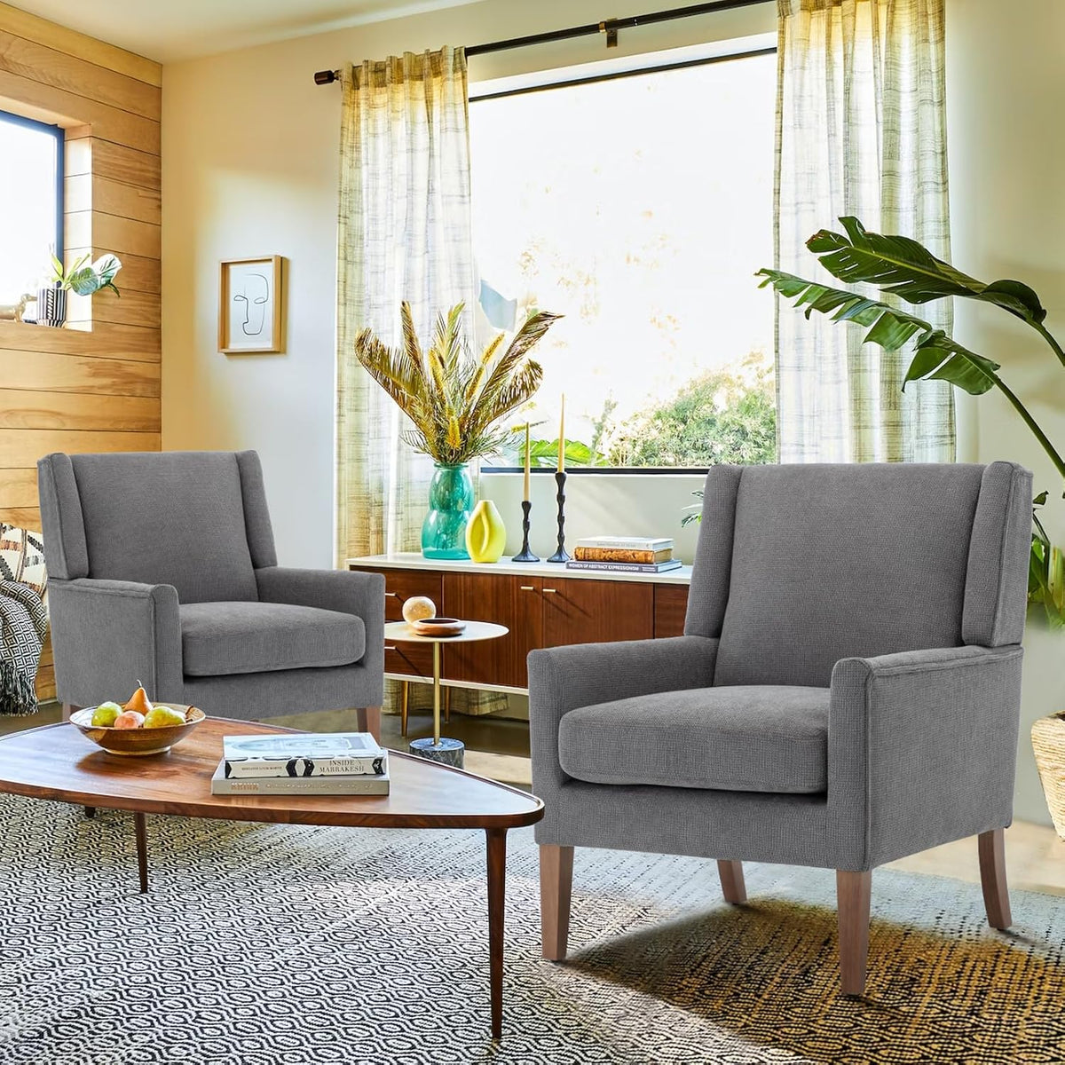 COLAMY Modern Wingback Living Room Chair, Upholstered Fabric Accent Armchair, Single Sofa Chair with Lounge Seat and Wood Legs for Bedroom/Office/Reading Spaces, Gery