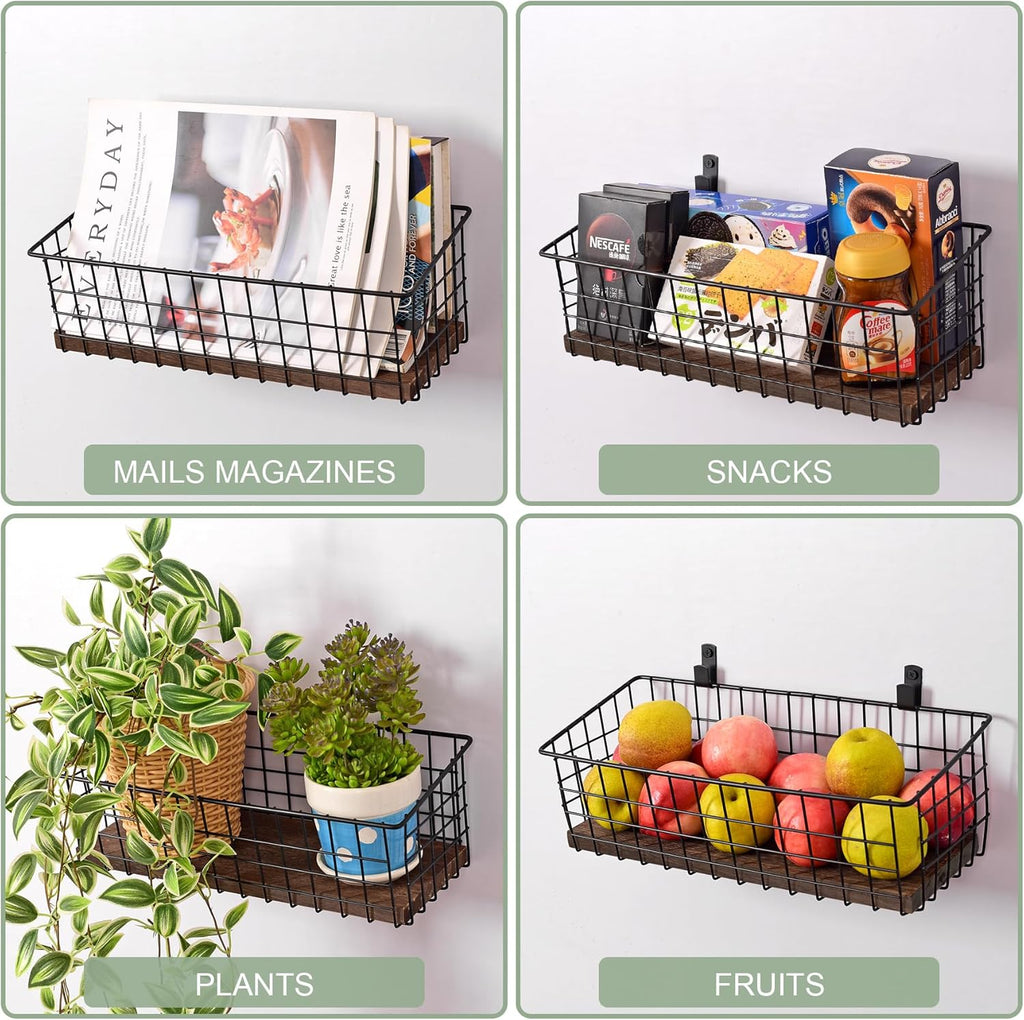 Wall Hanging Baskets 3 Pack, Extra Large Diversified Wire Basket Shelves of Wooden Style, with Wall Mounted Hooks & Traceless Stickers, for Kitchen Coffee Bar Office Room Garage Storage Organization