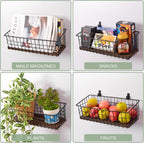 Wall Hanging Baskets 3 Pack, Extra Large Diversified Wire Basket Shelves of Wooden Style, with Wall Mounted Hooks & Traceless Stickers, for Kitchen Coffee Bar Office Room Garage Storage Organization