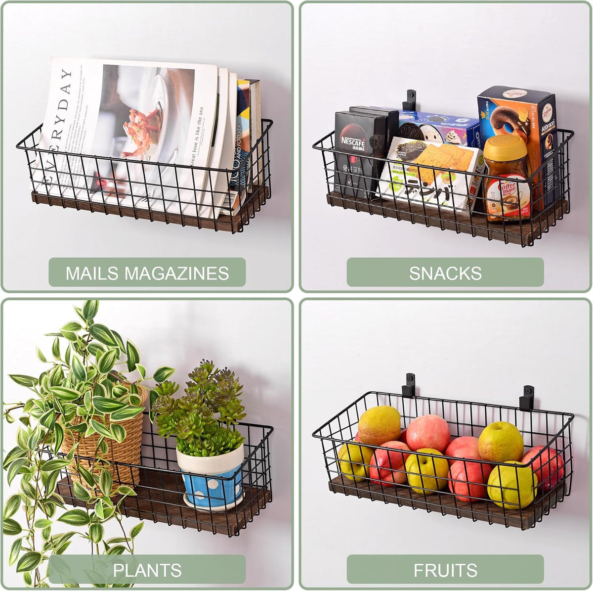 Wall Hanging Baskets 3 Pack, Extra Large Diversified Wire Basket Shelves of Wooden Style, with Wall Mounted Hooks & Traceless Stickers, for Kitchen Coffee Bar Office Room Garage Storage Organization