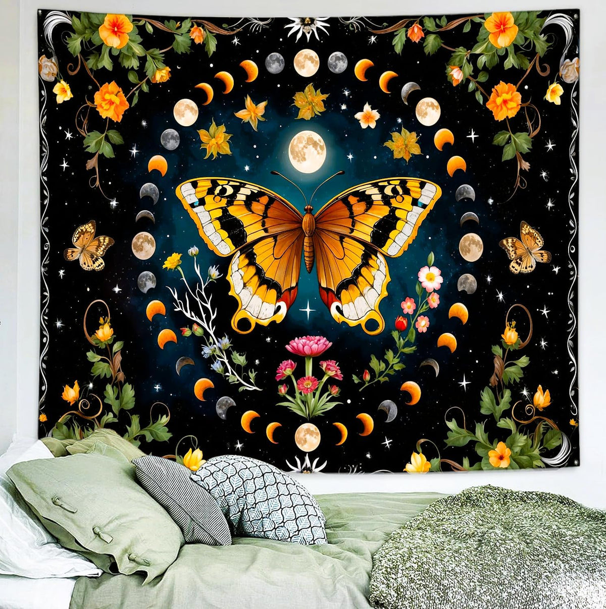 Delur Butterfly Moon Flower Tapestry Botanical Floral Plant Boho Tapestry Wall Hanging Mandala Aesthetic Mushroom Retro Vintage Headboard for Bedroom Living Room Home Decor (51.2" x 59.1")