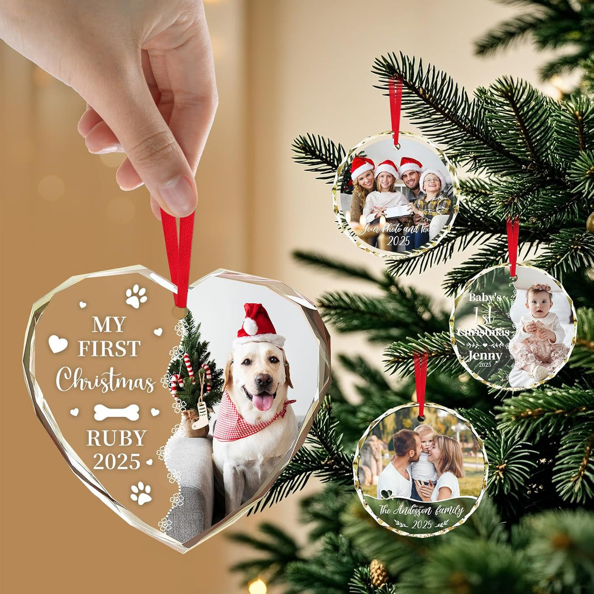 Personalized Christmas Ornaments 2025 with Photo & Text - Customized Crystal Glass Christmas Tree Decor Gifts for Family, Couples, Pets, Baby’s First Xmas – 6 Heart/Round Designs