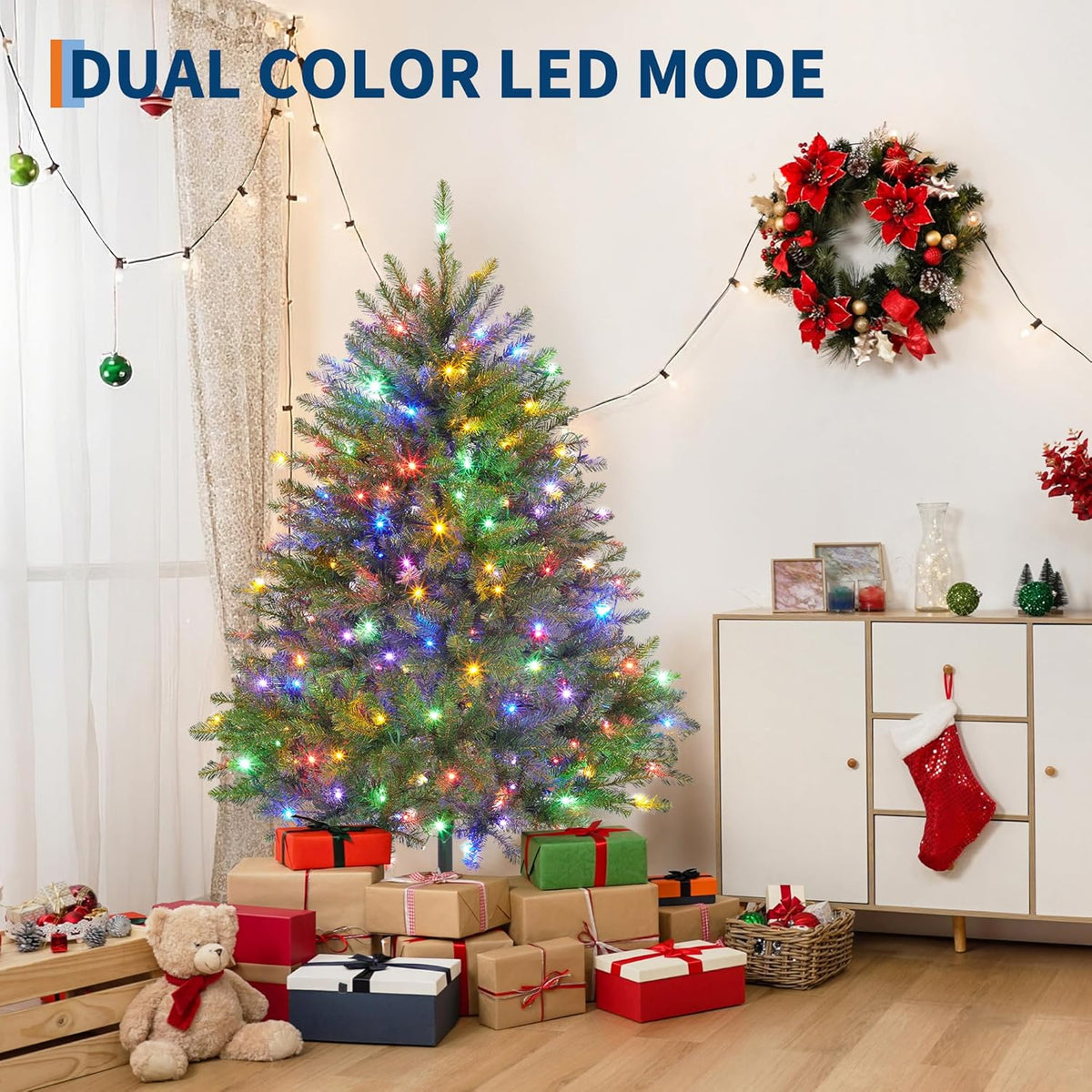 6FT Pre-Lit Artificial Christmas Tree with Color Lights,Green PE & PVC Artificial Xmas Tree,Easy Assembly, Full Branch Tips& Foldable Stand for Home, Office, Party Decoration for Xmas Holiday