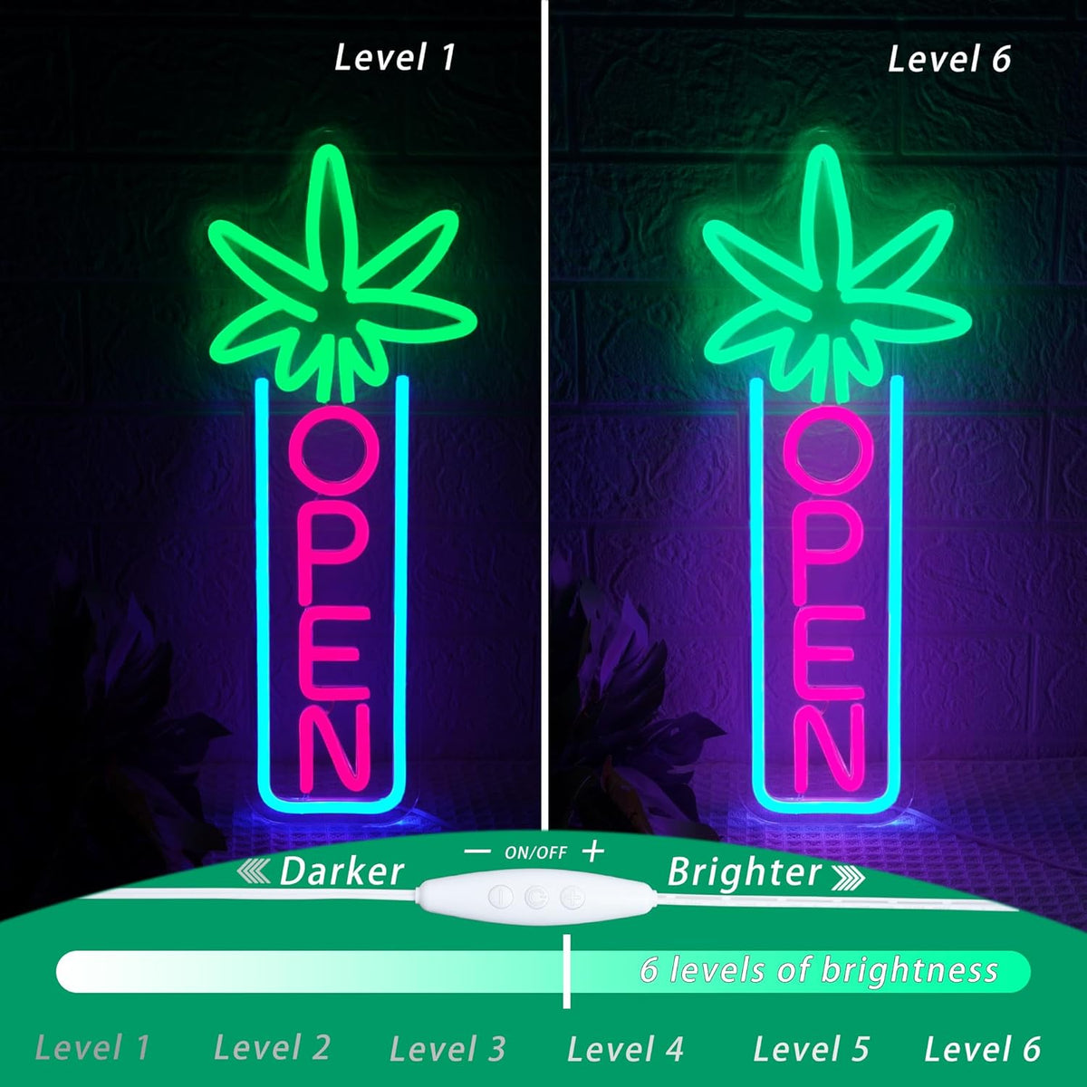 Green Leaf Neon Sign Dimmable Open Neon Lights for Wall Decor LED Neon Sign by USB Powered LED Neon Open Sign For Dispensary Beer Bar Man Cave Coffee Store Hotel Wall Party Decorations 16.8''x7''