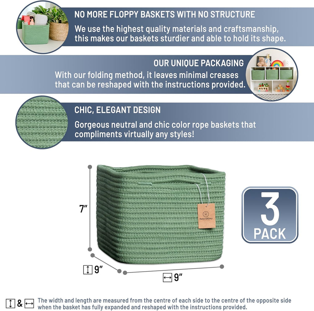 NaturalCozy Storage Cubes 9”x9”x7”Cotton Rope Woven Baskets for Organizing 3-Pack | 9 Inch Cube Storage Bin | Small Basket for Shelf Nursery, Pantry, Decorative Plant, Bathroom Closet, Toy Gift