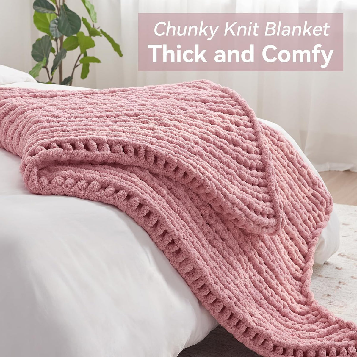Chunky Knit Throw Blanket, 60''*80'' Knitted Throw Chenille Yarn for Bed Couch, Handmade Light Pink Crochet Big Thick Blanket, Machine Washable Cute Comfy Blanket for Home Decor
