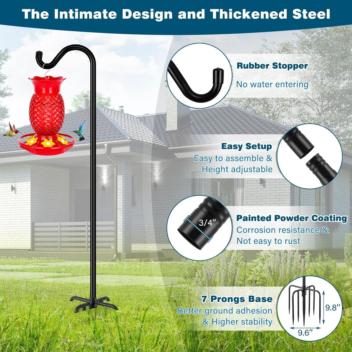 Gtongoko 2 Pack 108 Inch Tall Shepherds Hooks for Outdoor Bird Feeders, Heavy Duty Bird Feeder Pole Stand, Adjustable Hanger for Plant, Lights, Lanterns Wedding Decor with 7 Prongs Base