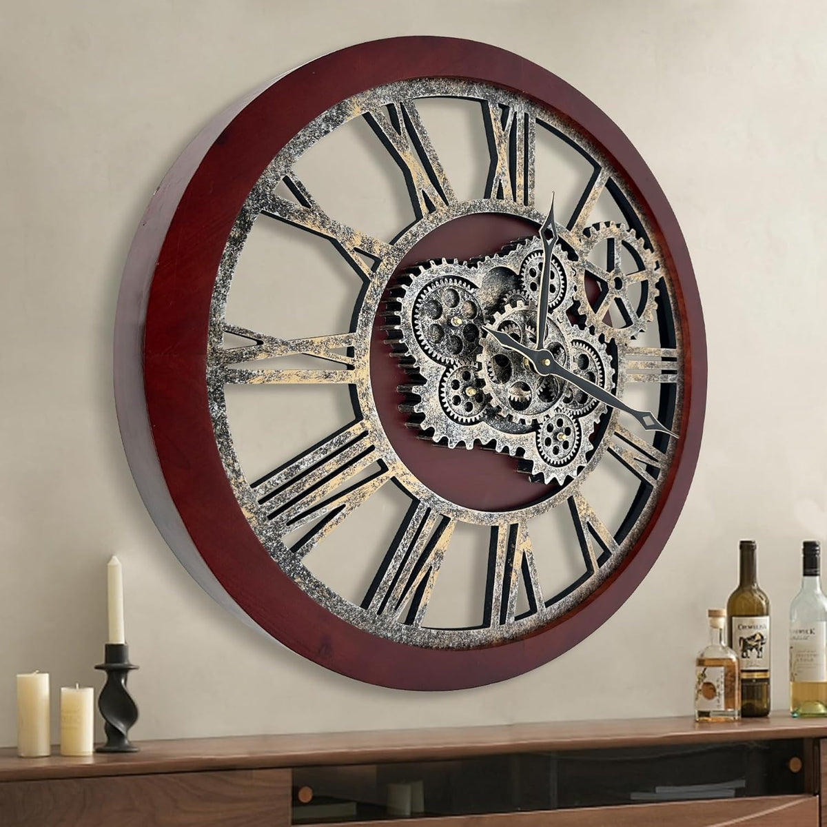 HOIBAI Large Wall Clock, Wall Clocks for Living Room Decor 30 Inch Farmhouse Vintage Rustic Kitchen Wall Decor Vintage Roman Oversized Wall Clock for Home Bedroom House, Moving Gears Clock