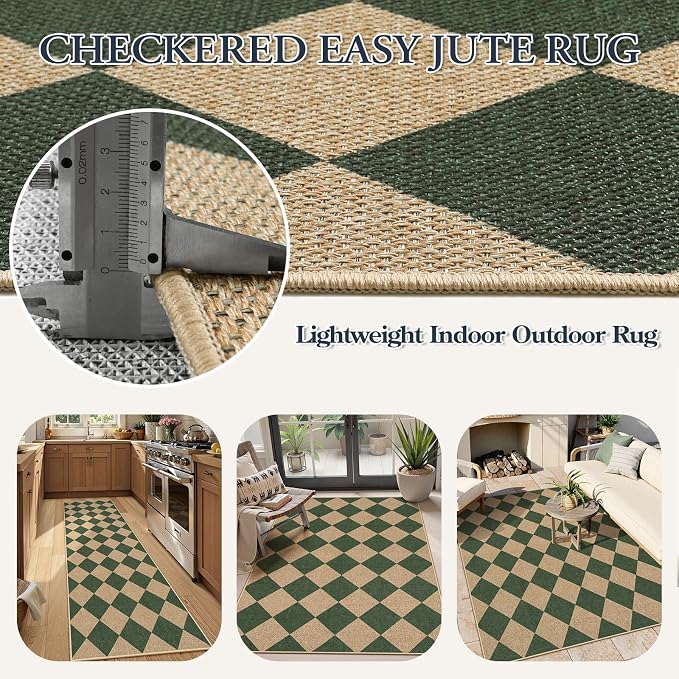 Lahome Checkered Easy Jute Living Room Rug, 8x10 Outdoor Rugs Washable | - Image 7