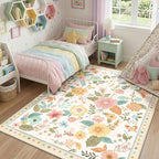 RELEANY Floral Washable 5x7 Area Rugs Beige/White/Orange | Flower Carpet Print - Image 9