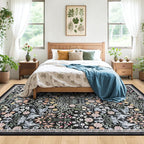 PLHXFR Area Rug 9x12 Living Room: Floral Washable Boho Carpet Dark Black | - Image 3