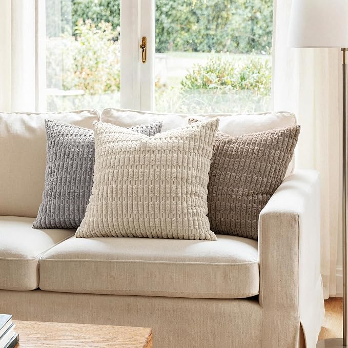 MIULEE Corduroy Decorative Throw Pillow Covers 18x18 Cream White Pack of 2 | - Image 2