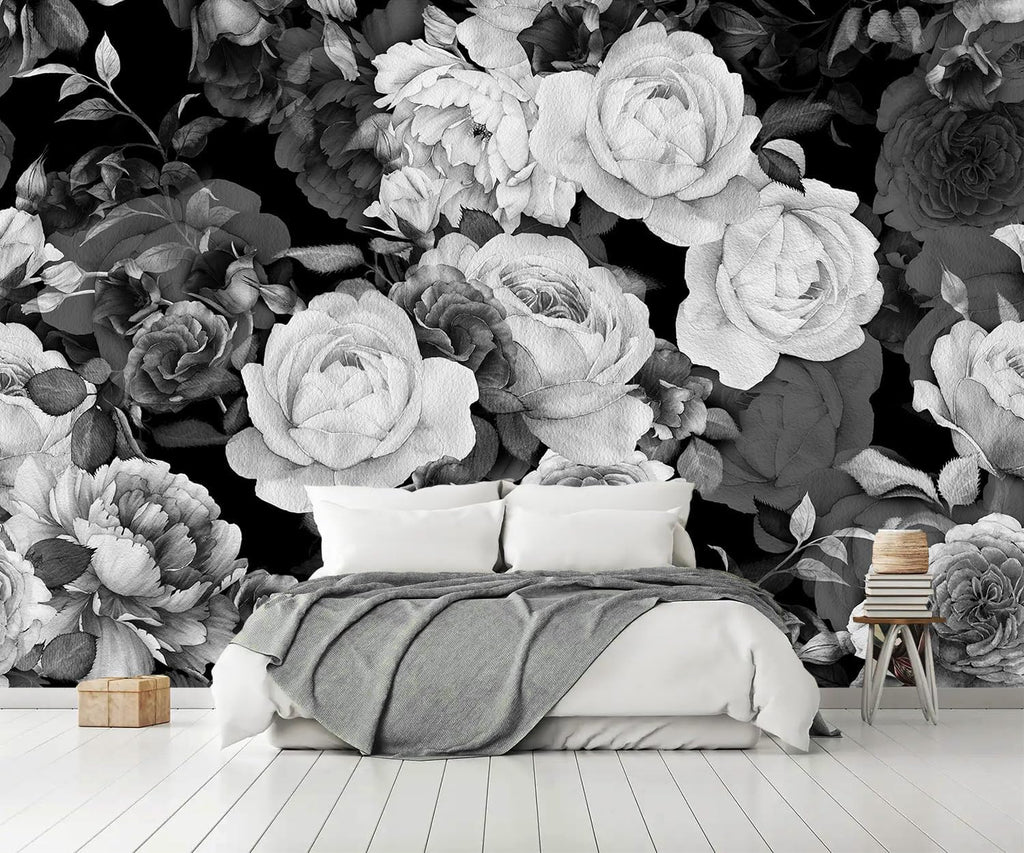 AFZEVEB-Dark Peony Wallpaper Watercolor Rose Wall murals for Bedroom 159"x107" (Not Peel and Stick)