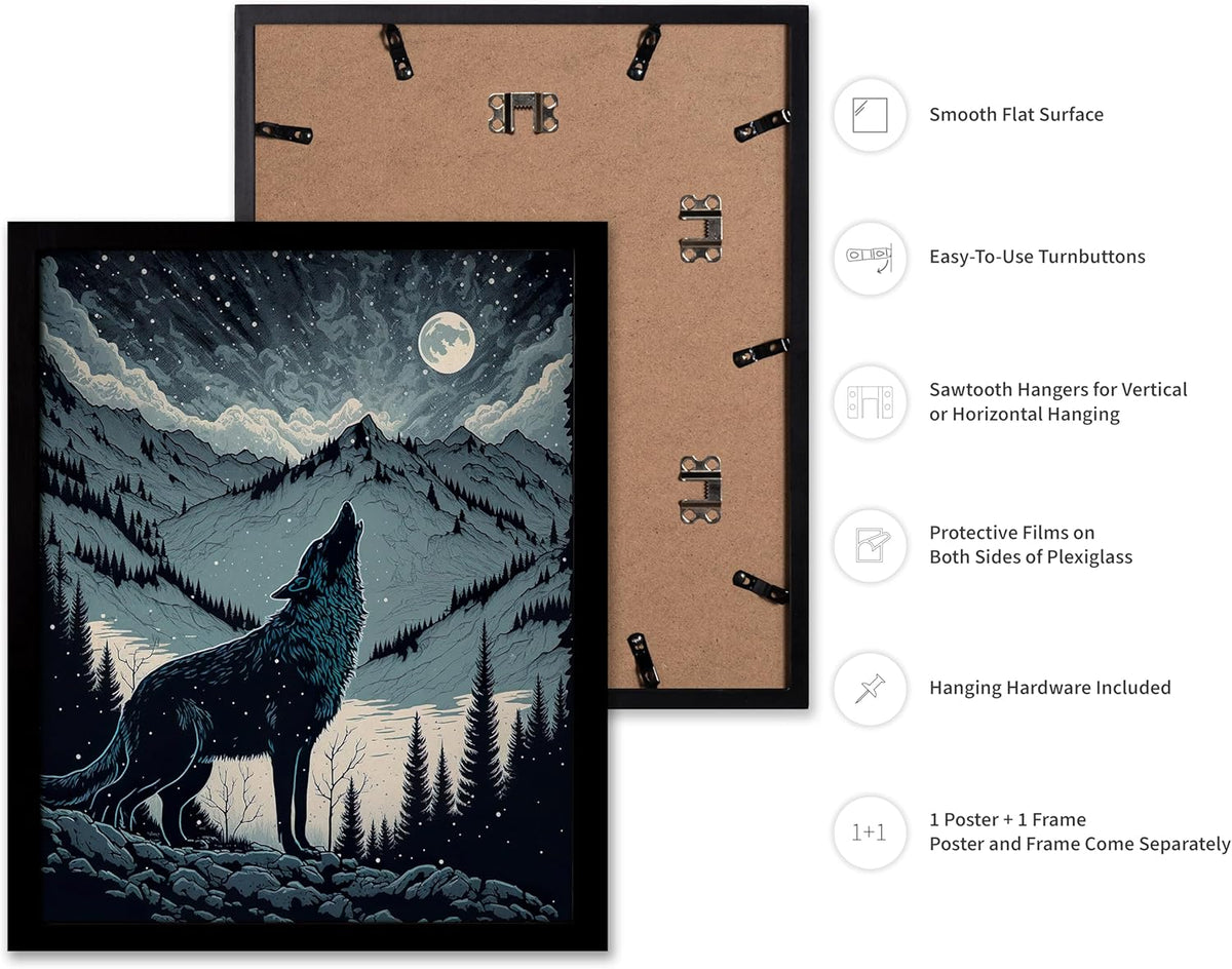 Poster Master Vintage Illustration Poster - Retro Animal Print - Gift for Artist, Friend - Wolf Howling at the Moon, Mountain, Snow, Landscape - Wall Decor for Home, Office, 16x20 Black Framed