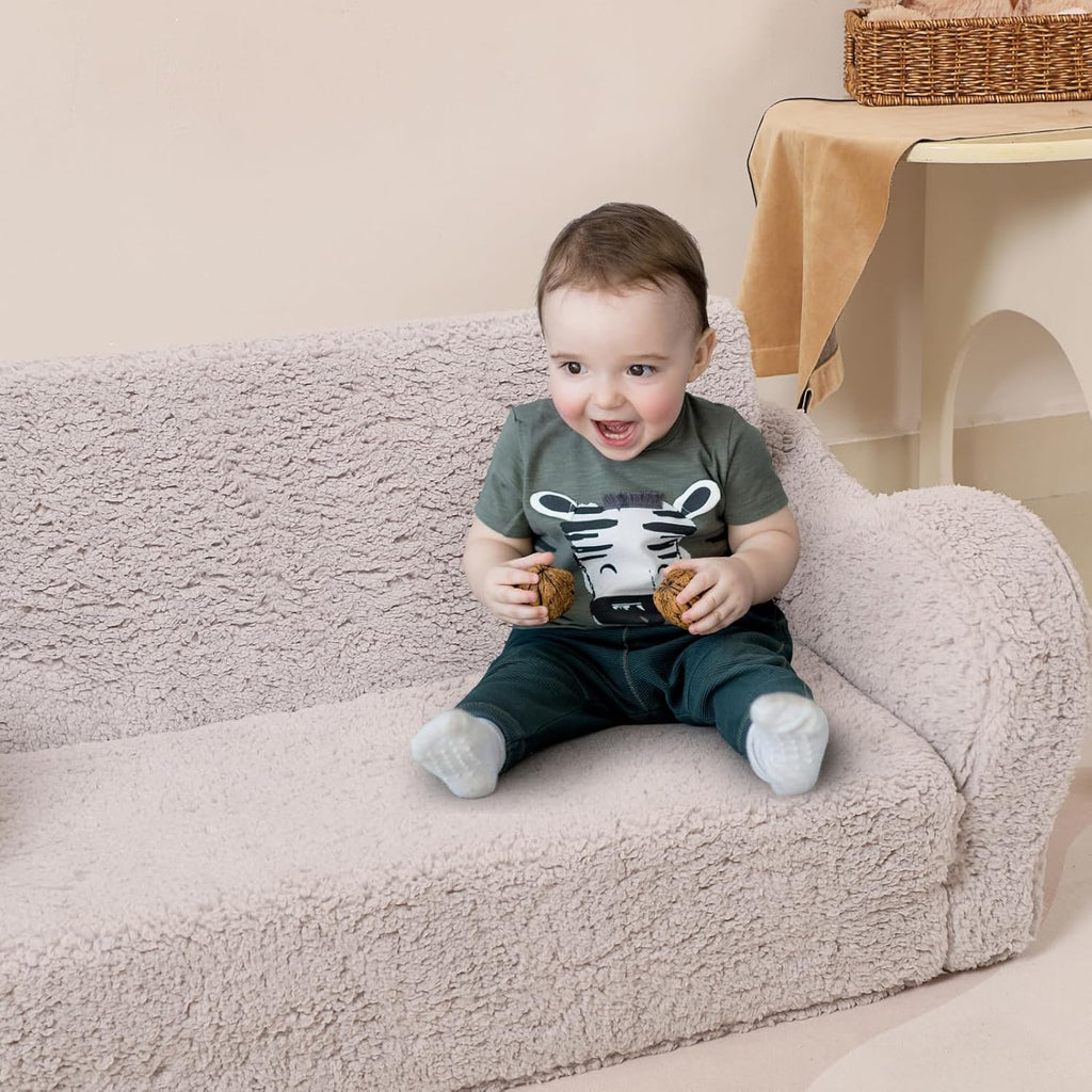 Kids Extra Wide Chairs for Toddler, 2-in-1 Toddler Soft Sherpa Couch Fold Out, Convertible Sofa to Lounger for Girls and Boys, Grey