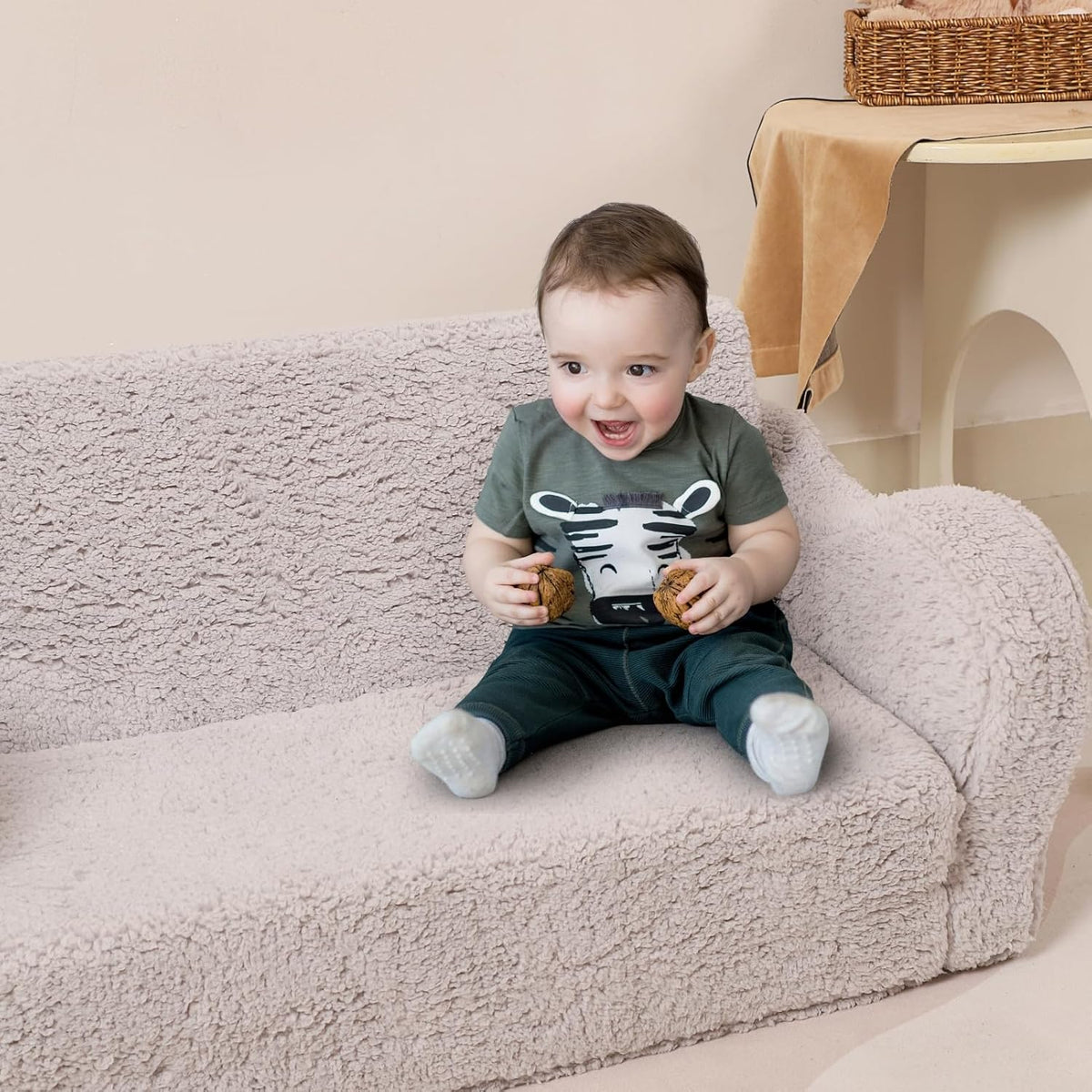 Kids Extra Wide Chairs for Toddler, 2-in-1 Toddler Soft Sherpa Couch Fold Out, Convertible Sofa to Lounger for Girls and Boys, Grey