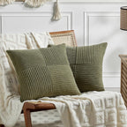 Fancy Homi 2 Packs Olive Green Samll Decorative Throw Pillow Covers 14x14 Inch with for Couch Bed Sofa, Rustic Farmhouse Boho Home Decor, Soft Corss Patchwork Corduroy Square Cushion Case 35x35 cm