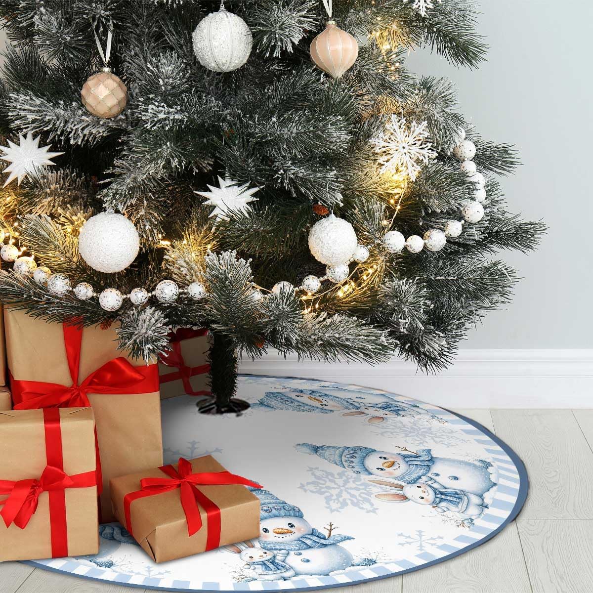 Christmas Tree Skirt 48 inches Blue Snowman Christmas Tree Skirt Mat Farmhouse Xmas Ornaments Decorations for Christmas Holiday Party (Blue, 48in)