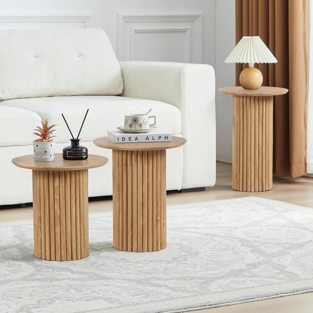 Round Nesting Coffee Table Set of 3,Mid Century Modern Fluted Coffee and End Table Set,Small Circle Wooden Side Table Drink Table for Living Room (Natural)