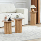 Round Nesting Coffee Table Set of 3,Mid Century Modern Fluted Coffee and End Table Set,Small Circle Wooden Side Table Drink Table for Living Room (Natural)