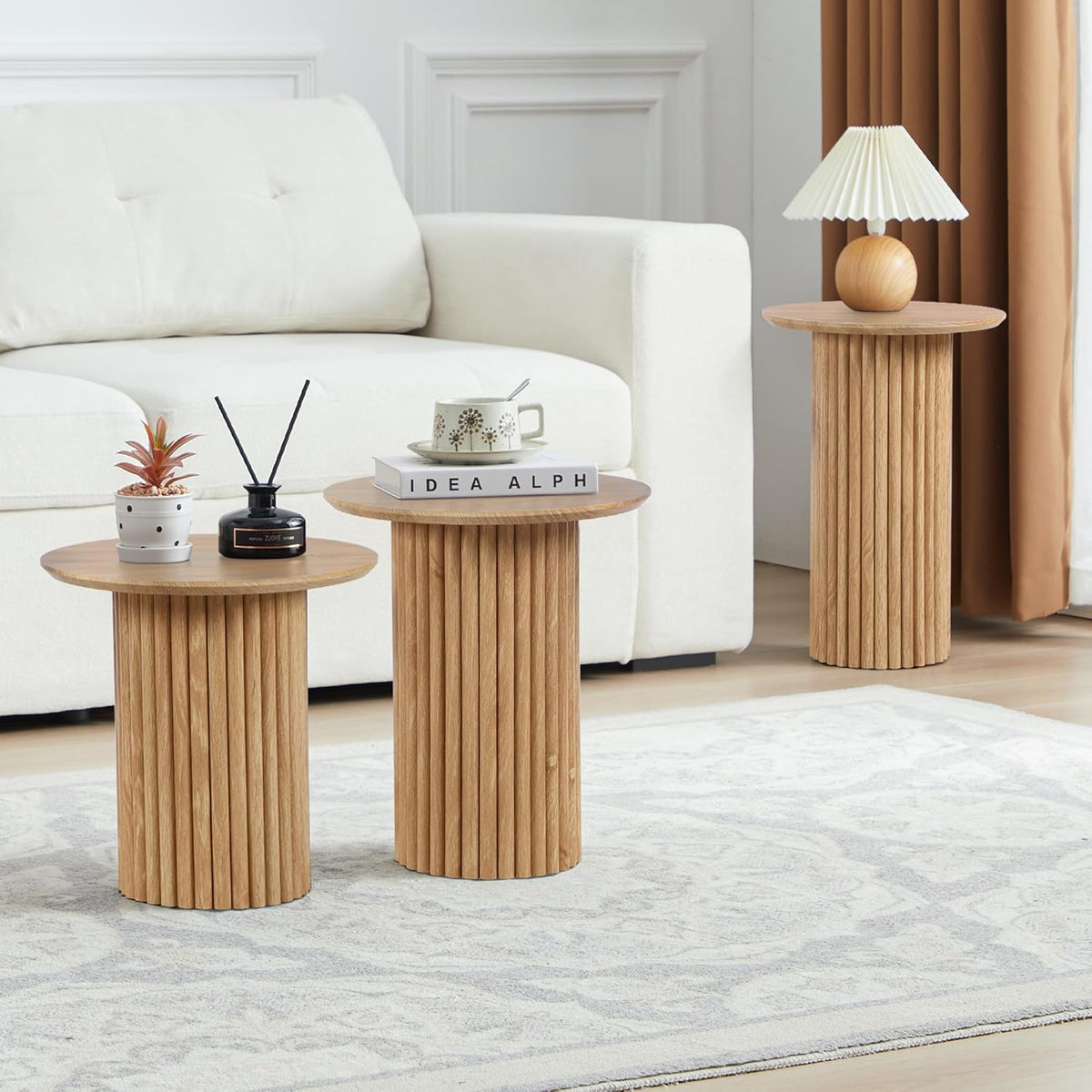 Round Nesting Coffee Table Set of 3,Mid Century Modern Fluted Coffee and End Table Set,Small Circle Wooden Side Table Drink Table for Living Room (Natural)