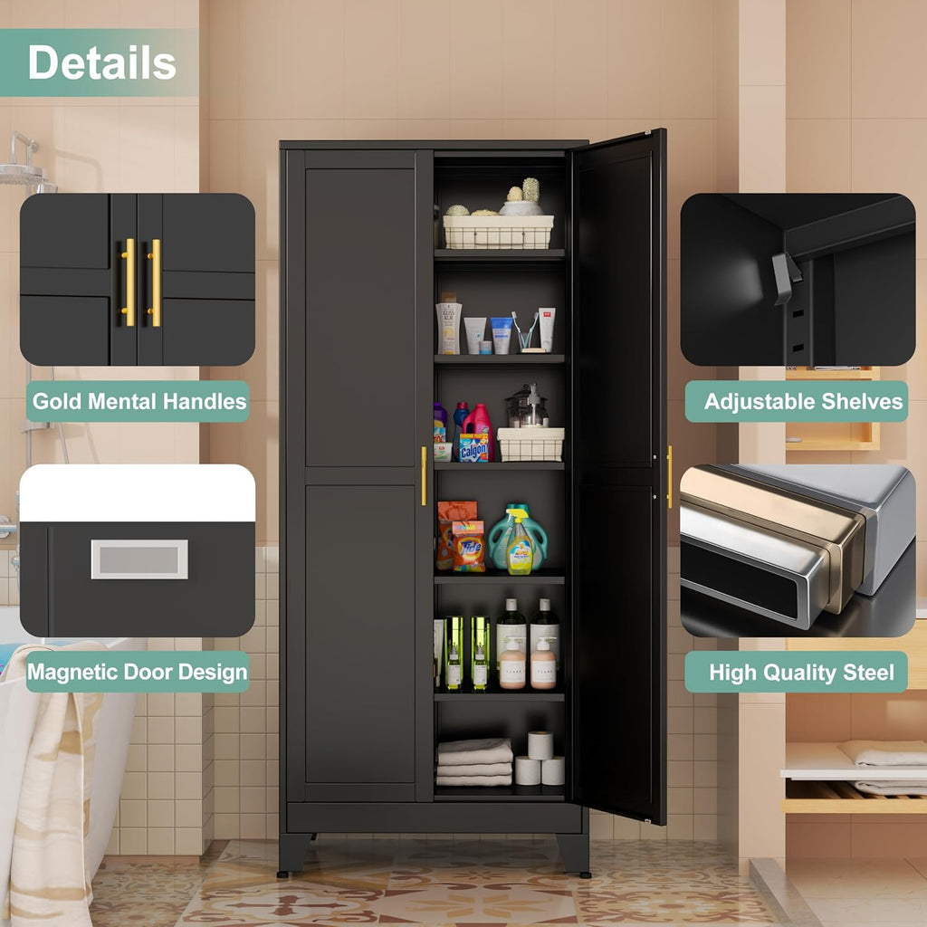 Metal Pantry Cabinet with 2 Doors and 5 Adjustable Shelves, 75" Kitchen Storage cabinets with Gold Handles, Versatile Storage for Laundry Room, Living Room, Bathroom, Dinning Room, Utility Room-Black