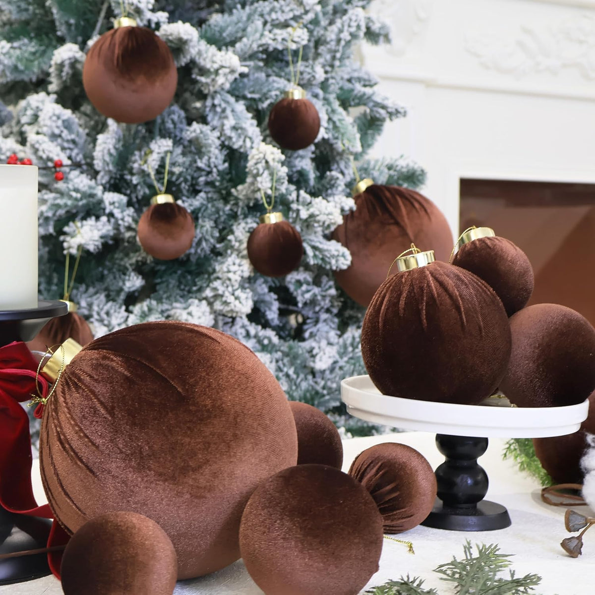 6inch Big Brown Velvet Christmas Ornaments, 2pcs Flocked Ornaments Balls Sets for Christmas Tree Decorations
