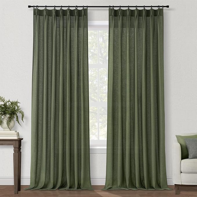 Topfinel 96 Inches Long Pinch Pleated Semi Sheer Curtains, Olive Green Linen - Image 9