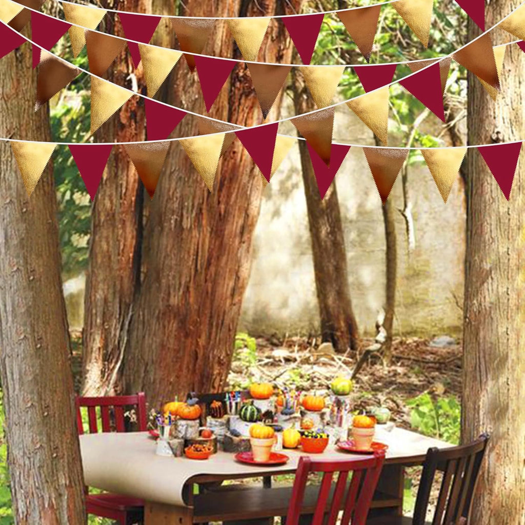 Fall Party Decorations Maroon Gold Brown Metallic Fabric Triangle Pennant Banner Burgundy Flag Bunting Garland for Autumn Thanksgiving Wedding Birthday Bridal Shower Engagement Graduation Garnet Party