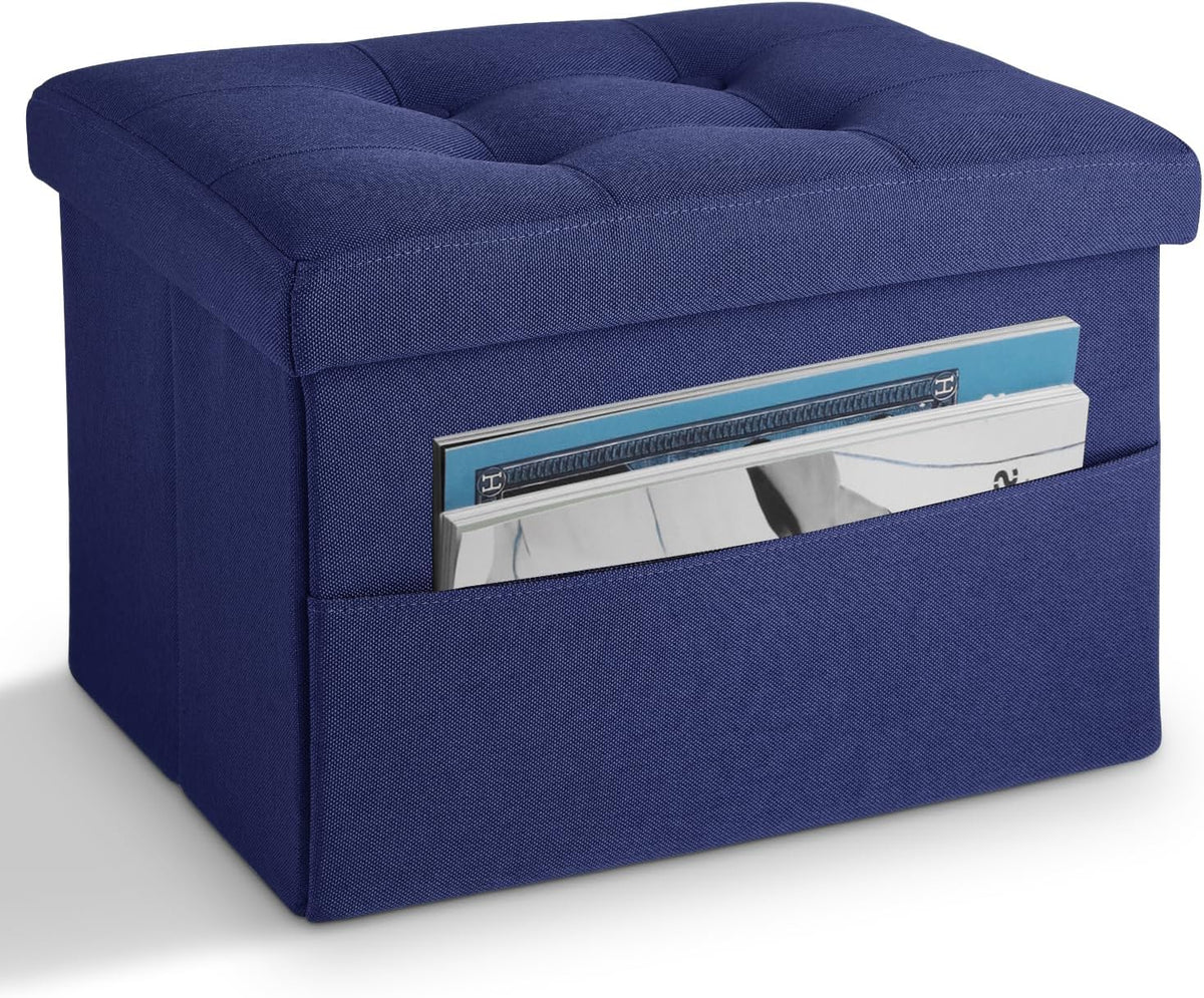 LINMAGCO Storage Ottoman Folding Foot Stool Foot Rest with Side Pocket Modern Ottoman with Storage Short Sofa Stool Linen Cloth 17x13x13(Navy)