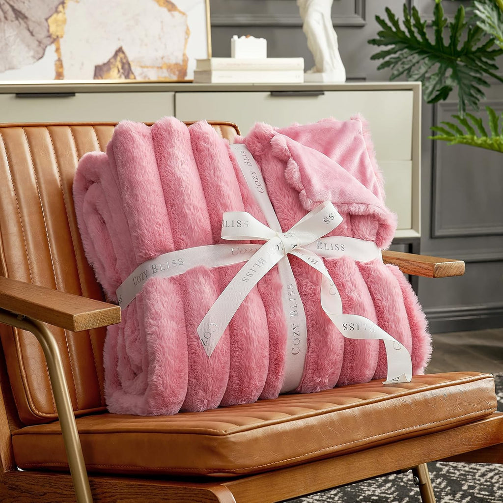 Cozy Bliss Faux Fur Throw Blanket for Couch, Cozy Warm Plush Striped Blanket for Sofa Bedroom Living Room,60 * 80 Inches Hot Pink