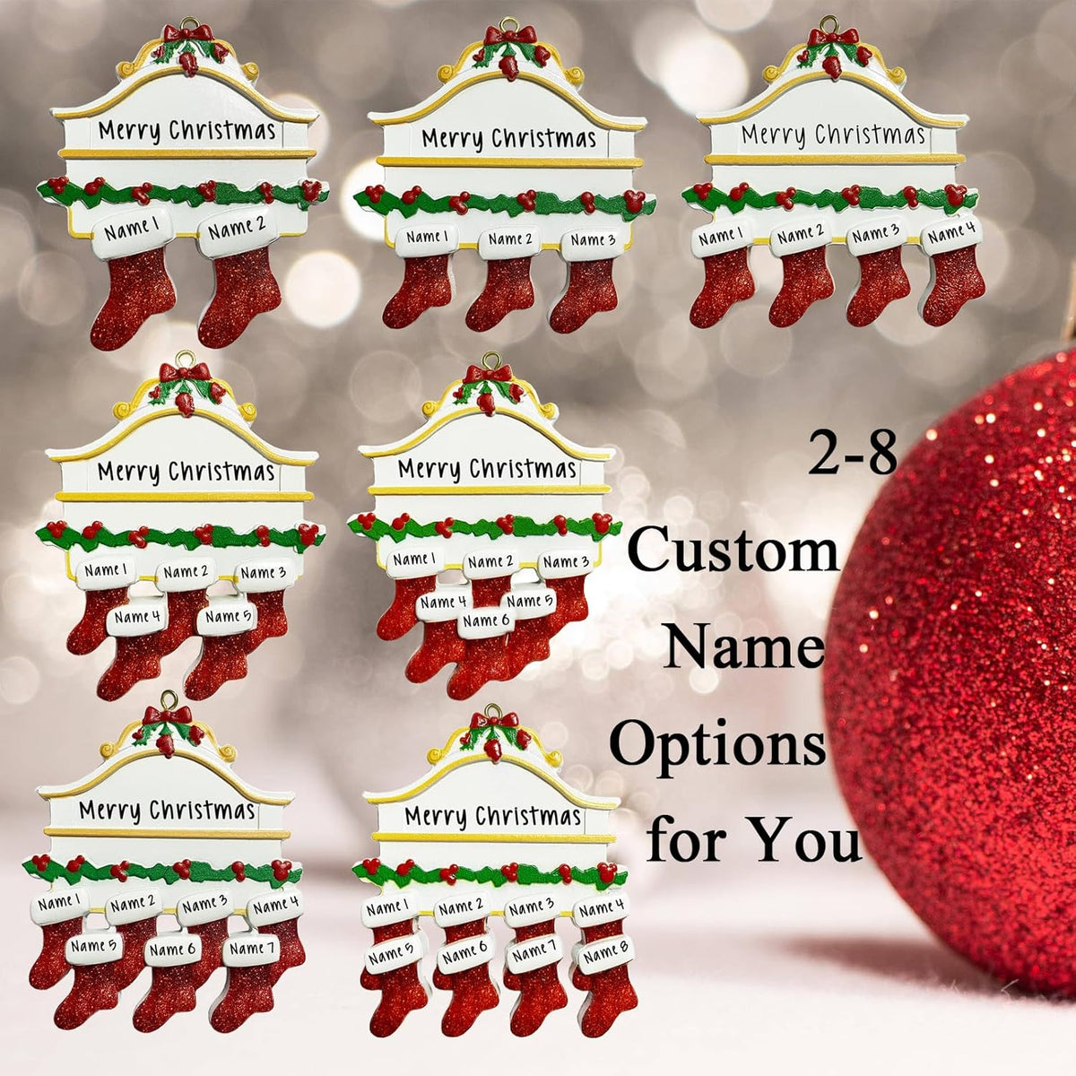 2025 Personalized Christmas Ornaments Family of 2/3/4/5/6/7/8,Custom Christmas Stoking Ornaments Deorations with Names,Customized Xmas Ornament Tree Deorations,Personalized Xmas Ornament Gifts