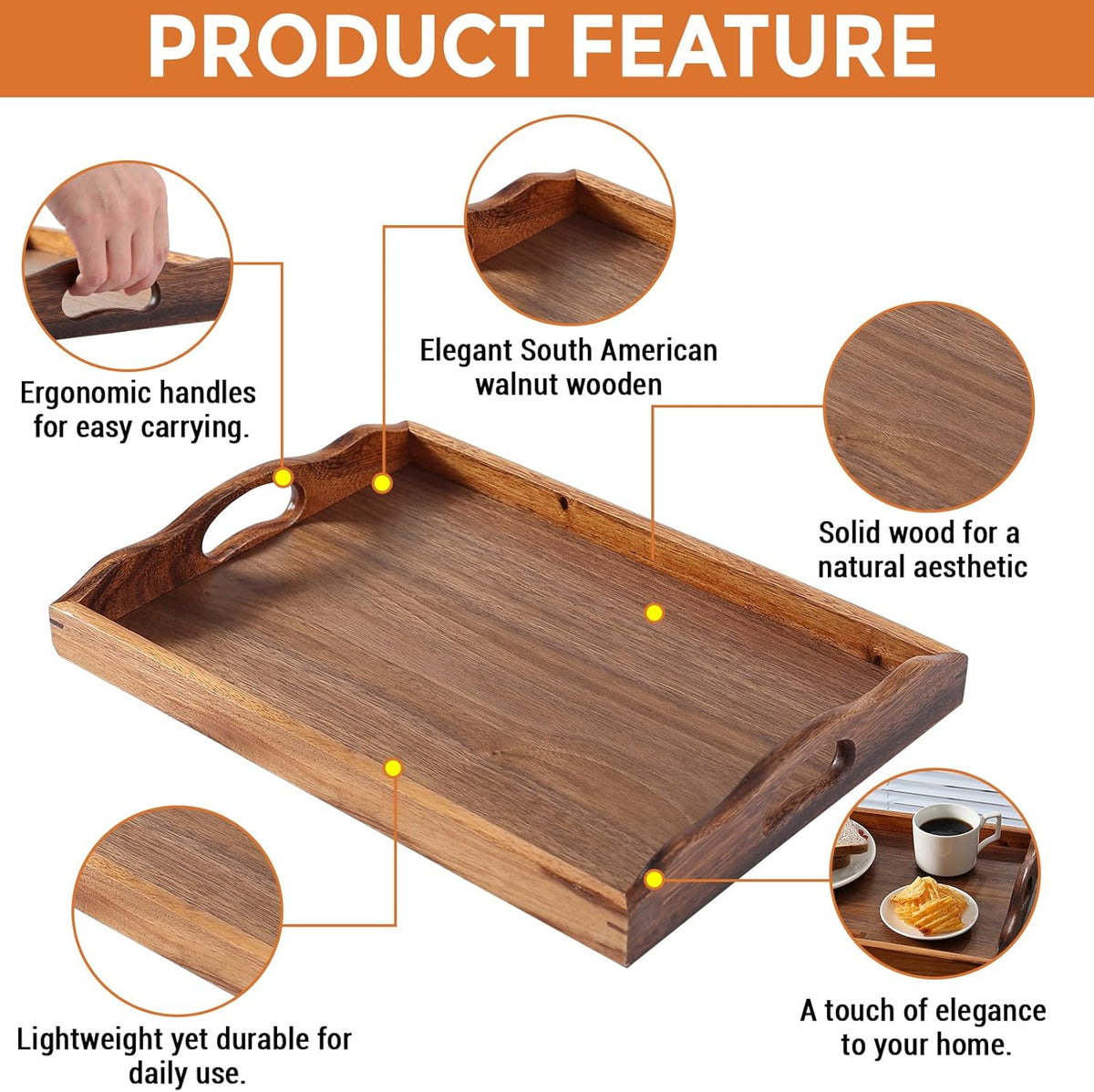 Nature Walnut Wooden Serving Tray with Handles, Solid Wood Food Tray for Coffee, Breakfast, Dinner, Ottoman,16.6x11.8x2.4 inches