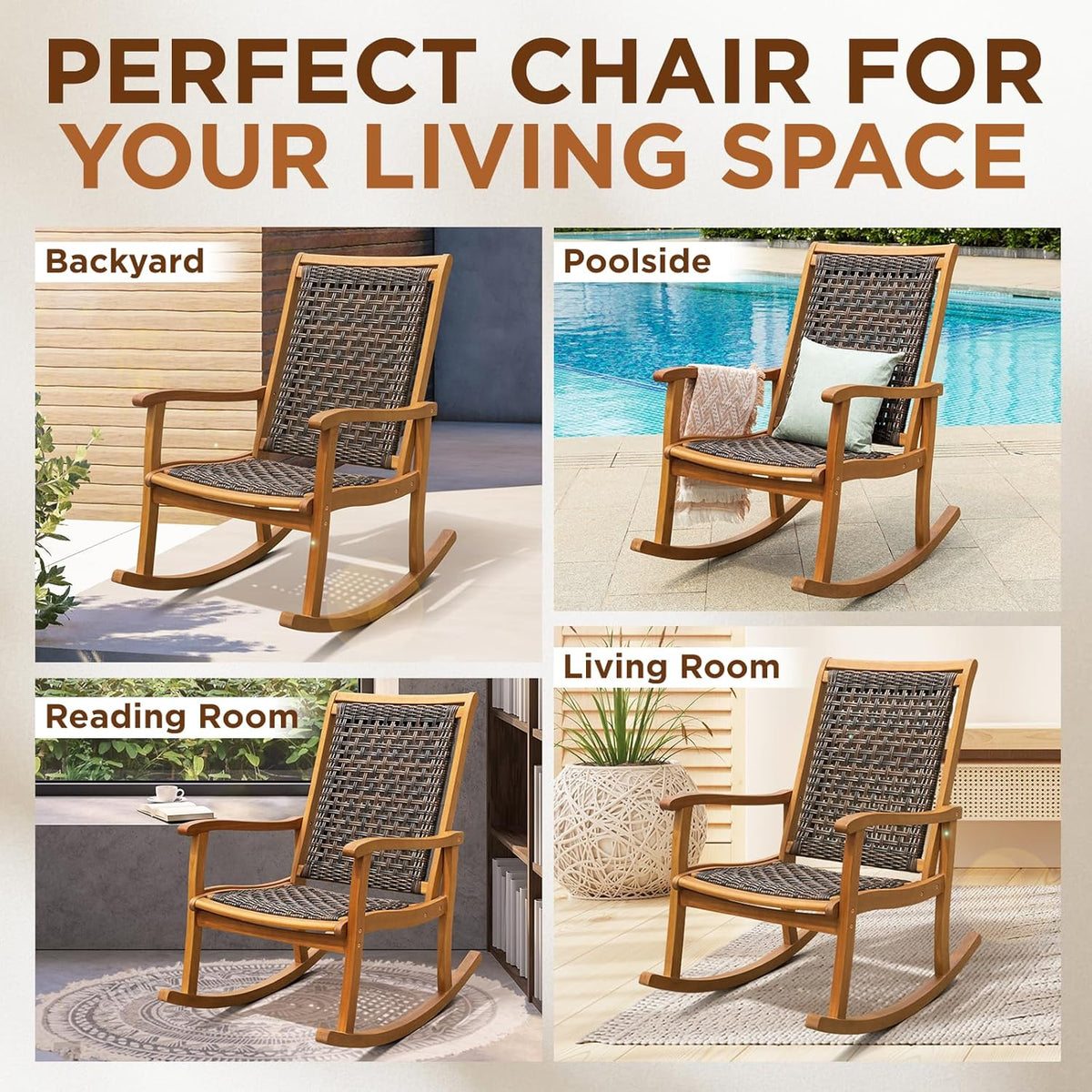 IDZO Wood Wicker Rocking Chair, 400 lbs Capacity, Durable Eucalyptus Wood, Natural Finish, Comfortable Curvy Design, Ideal for Deck, Patio Furniture, and Outdoor Furniture Accent Chair