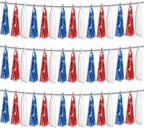 3P Red Blue White Foil Fringe Metallic Tassel Streamers Banner Tassel Garland for Parade Floats, Bachelorette, Wedding, Birthday, Halloween, Christmas, Bridal/Baby Shower Party Decorations
